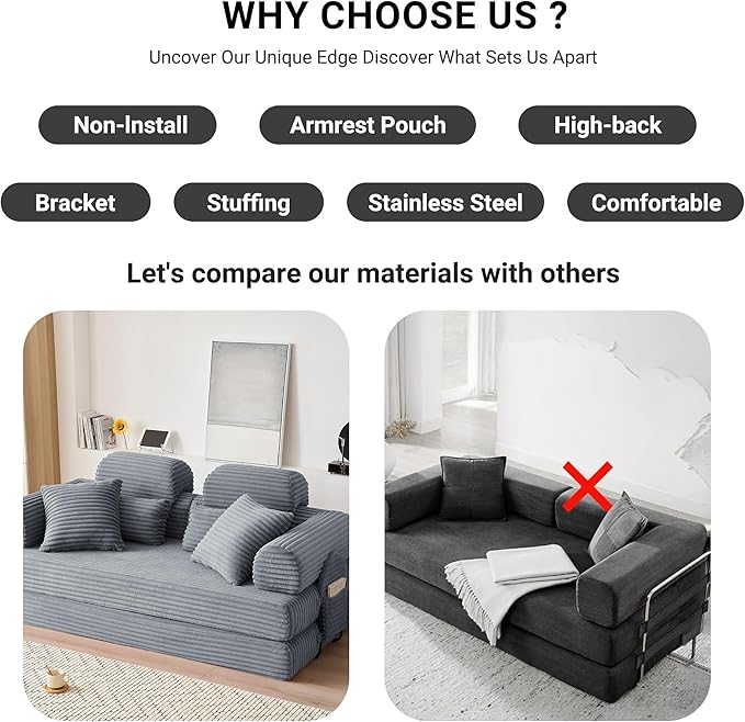 79'' High Backrest 5 in 1 Convertible Sofa Bed Modular Corduroy Couch with Fixed Frame &amp Removable Armrests No Assembly Floor Sleeper Sofa for Modern Living (High Backrest Dark Gray) | Convertib