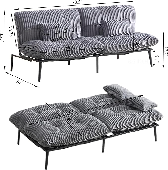 Memory Foam Futon Sofa Bed with Frame &amp Mattress Set - Comfy Mini Couch for Small Spaces &amp ApartmentsGray