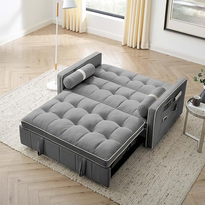 3-in-1 Convertible Sleeper Sofa Bed55.5 Modern Velvet Tufted Pull Out Couch BedFuton Small Love Seat Sofa with Adjustable Backrest&ampCylinder Pillows for Living RoomBedroomApartment(Grey)