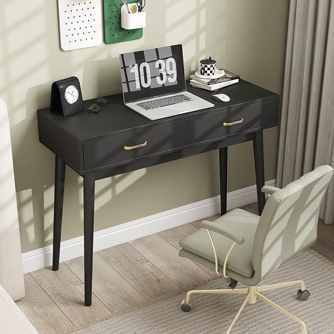 Small Black Desk with Drawers - 40 Inch Home Office Study Writing Desk for Bedroom Vanity Desk with 4 Solid Legs Modern Computer Desk for Small Spaces (Balck)