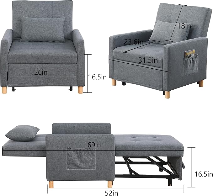 Sleeper Sofa Chair Bed 3-in-1 Single Convertible ChairMulti-Functional Sleeper Chair with Soft Fabric for Living Room Dorm Apartment Bedroom or Office (Drak Grey)
