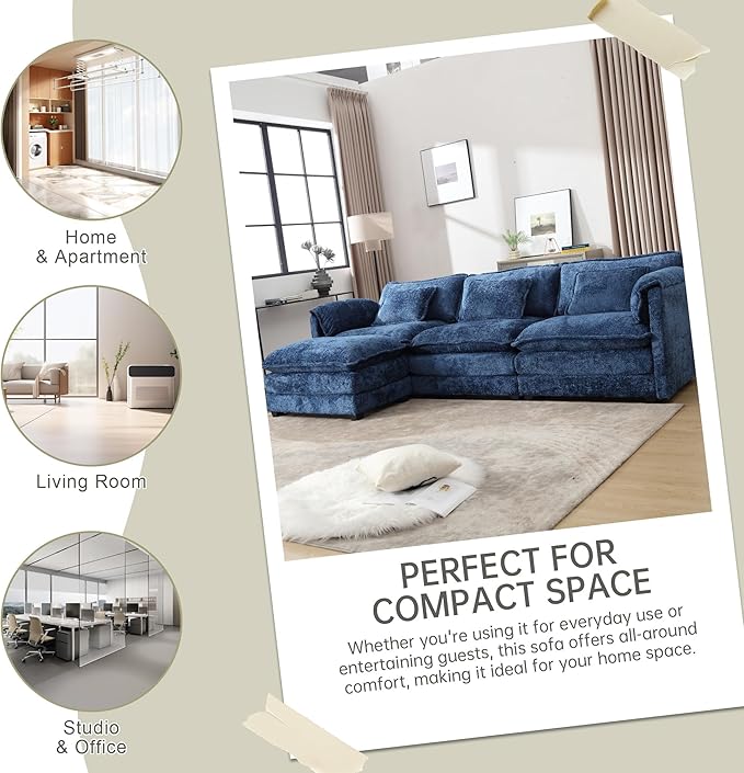 Modular Sectional Sofa Cloud Couch 112 L-Shape Sofa Chenille Comfy Upholstered with Removeable Ottoman and 3 Pillows for Living Room Navy