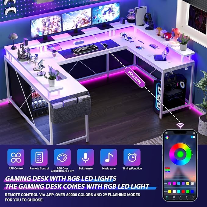 U Shaped Desk 79 Reversible L Shaped Desk and Long Gaming Desk with Storage Shelf &amp Power Outlets &amp LED Lights Corner Computer Desk with Monitor Stand and Side Storage Bag for Home Office