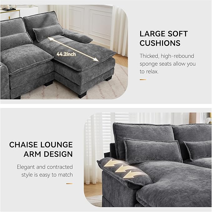 125'' U Shaped Cloud Modular Sofa Chenille Upholstered Comfy Sectional Couch with Storage Console USB Charging Ports &amp Cup Holders Modern Deep Seat Sofa for Living Room Grey