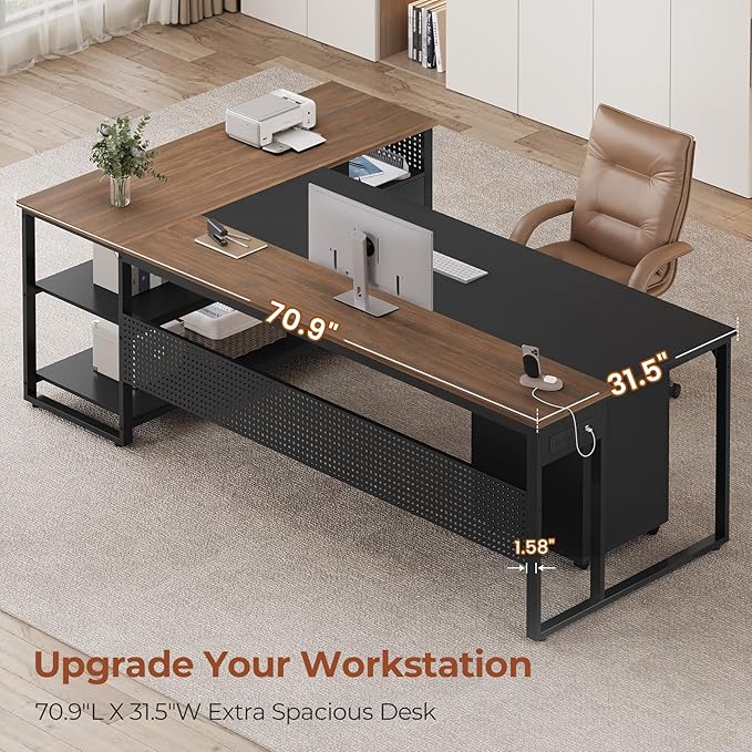 71 Executive Desk Reversible L Shaped Desk with Mobile File Cabinet &amp Power Outlets Large Office Desk with Drawers Storage Shelves Hooks Corner Computer Desk for Home Office (Walnut)