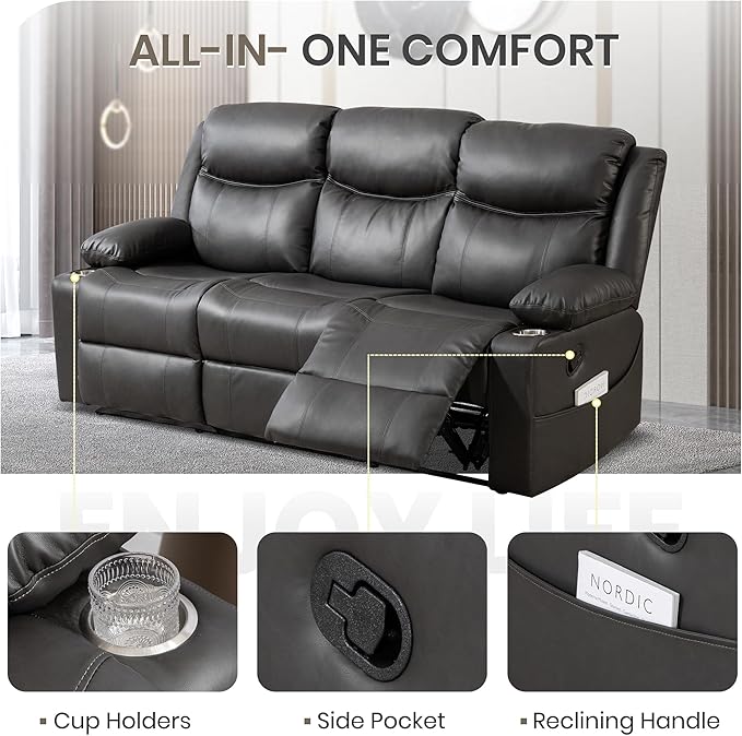 Manual Reclining 3-Seater Sofa with Heat &amp Massage PU Leather Recliner Couch for Living Room Faux Leather Upholstery Deep Cushions &amp Sturdy Frame (Grey)