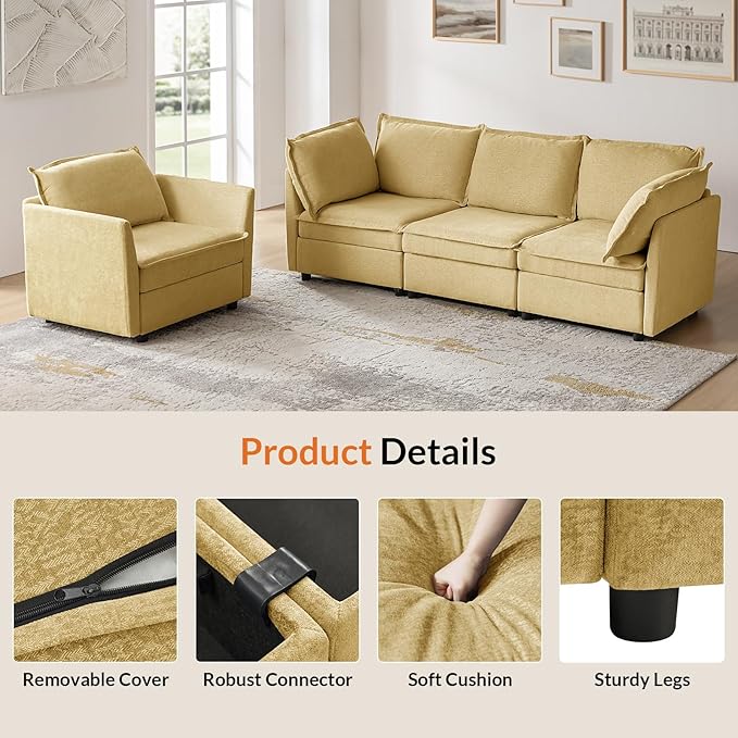 HULALA HOME Modern Chenille Sofa Set Single Seat Sofa 3 Seat Sofa 2 Piece Cloud Couches Set with Storage Comfy Deep Upholstered Armchair Couches for Living Room Apartment Cream