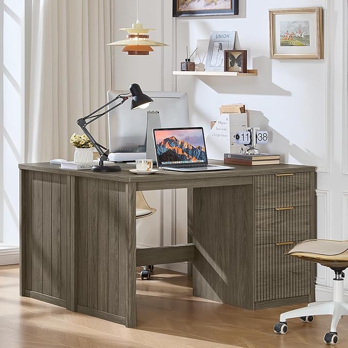 LEYAOYAO Office Desk 48 with 3 Drawers Storage File Cabinet Wood Fluted Desk for Computer Office Bedroom Home Furniture Grey