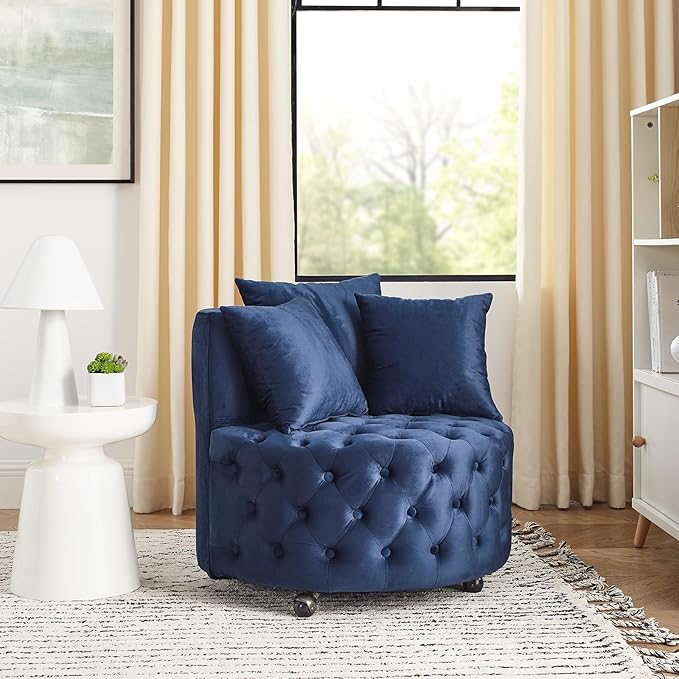 360° Swivel Accent Barrel Chair Velvet Comfy Round Chair with Button Tufted Design &amp 4 Moveable Wheels Upholstered Modern Lounge Reading Chairs for Living Room Bedroom Apartment Clubs(Blue)