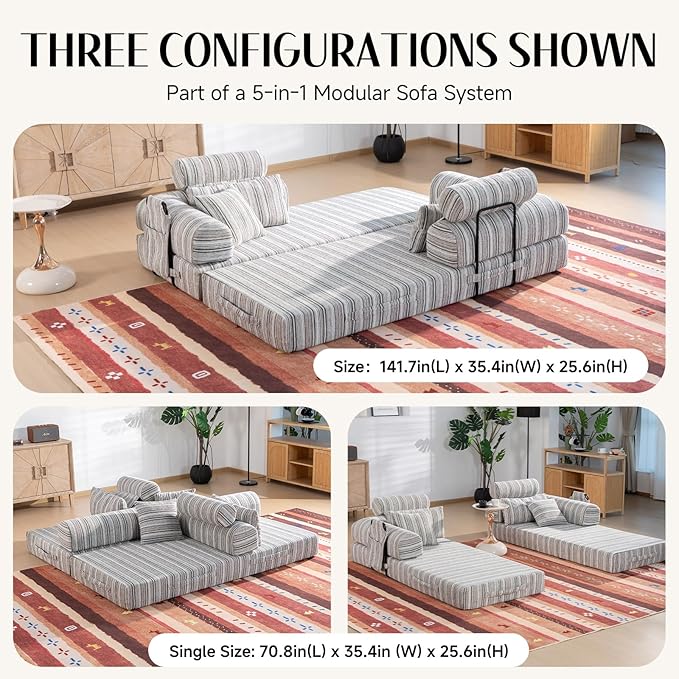 79 Corduroy Sofa Bed Sleeper Couch 6-in-1 Convertible Boneless Floor Futon Loveseat High-Density Foam Couch in a Box with 2 Headrest Pillows No Assembly Green and White