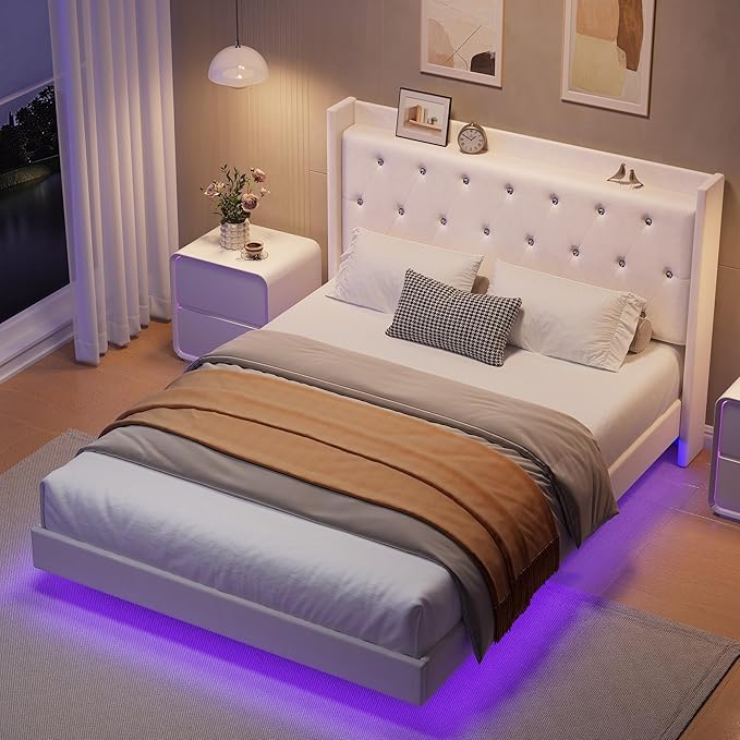 IDEALHOUSE Queen Size Bed Frame with LED Lights Floating Platform Bed with Velvet Upholstered Storage Headboard No Box Spring Needed Noise Free Easy Assembly