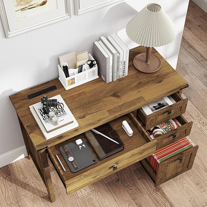 Farmhouse Executive Desk 45 inch Computer Desk with 4 Drawers Smart Charging Station Home Office &amp Study Room Essential for Remote Workers Professionals &amp Students.Vintage