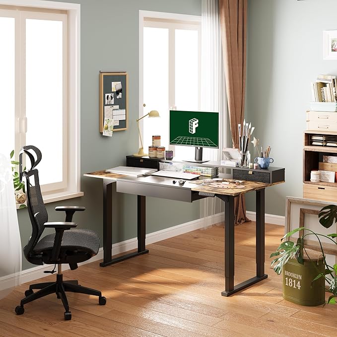 FLEXISPOT 4-Leg Standing Desk with Storage 71x32 in Electric Adjustable Height with 3 Drawers &amp Shelving Home Office Workstation (Black + Special Walnut Top)