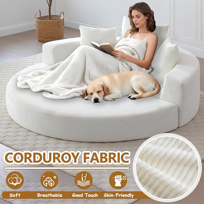 67'' Circular Convertible Compressed Sofa Bed White Corduroy Floor Lounge Round Boneless Couch Loveseat Sleeper Sofa Couch with 3 Cushions No Assembly for Apartment Bedroom