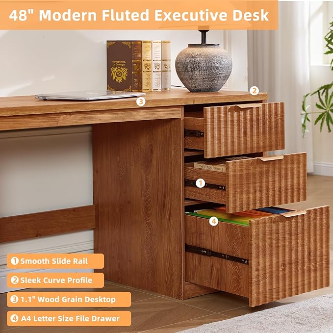 LEYAOYAO Office Desk 48 with 3 Drawers Storage File Cabinet Wood Fluted Desk for Computer Office Bedroom Home Furniture Tea Brown