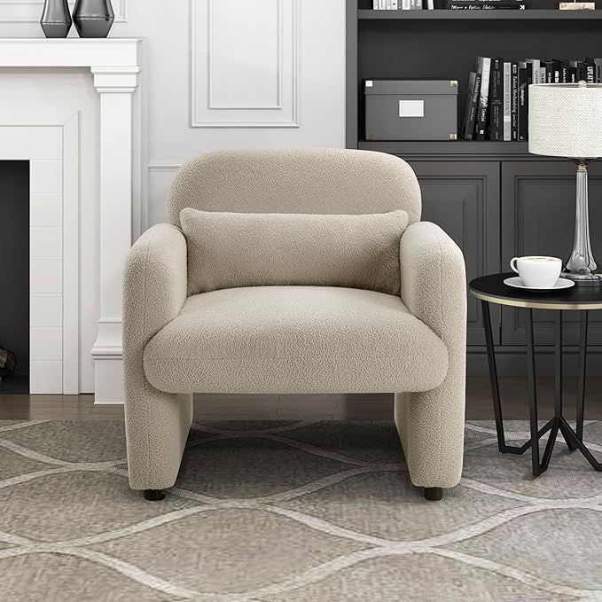Lexicon Modern Accent Single Sofa Chair with Square Armrest Boucle Fabric Upholstered Comfy Reading Chair with Lumbar Pillow for Bedroom/Living Room/Office Taupe