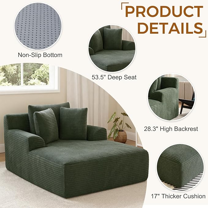 Avenix 66 Oversized Boneless Chaise Lounge Chair IndoorCorduroy Comfy Oversized Reading Chair Boneless Couch Bed ChairNo Assembly RequiredGreen