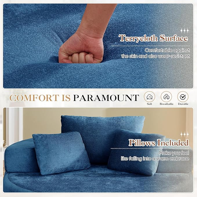 Modern Round Accent Sofa Chair for Living Room Upholstered Soft Terrycloth Barrel Lounge Arm Chair with Large seat&ampThrow Pillows for Bedroom Office Apartment Blue