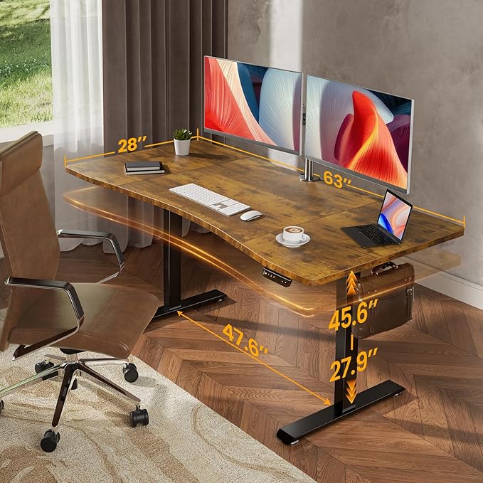 Veken 63 x 28 Inch Electric Standing Desk Sit to Stand Up Work Home Office Computer Table for Study Walking Pad Writing and Games Wooden Desktop Desks Brown