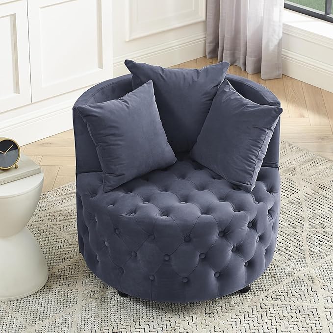 GNIXUU Swivel Barrel Accent Chair 30” Modern Velvet Round Sofa Chair with 3 Pillows and Wheels Comfy Tufted Club Lounge Chair for Living Room Bedroom(Blue Gray).