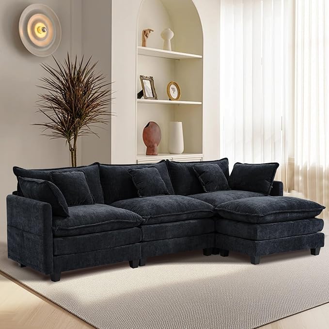 Furniliving 112‘’ L-Shaped Sofa Luxury Chenille Modular Sectional Couches with Ottoman Upholstered Deep Seat Sleeper Sofa with Memory Foam and Waist Pillows Black
