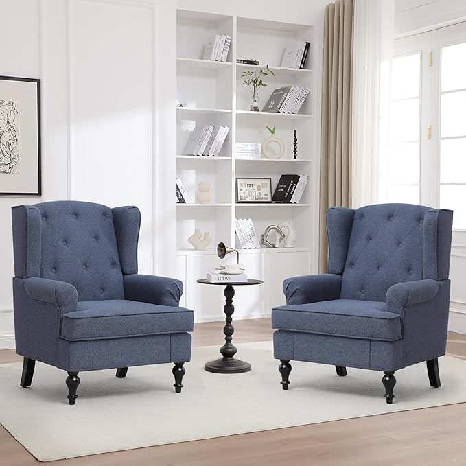 Accent Chair Set of 2 Mid Century Modern Fabric Wingback Chair Upholstered Armchair with High Back and Vintage Legs Comfy Single Sofa Side Reading Chair for Living Room Bedroom Blue