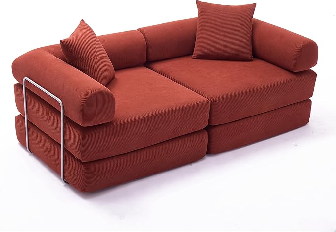 73 Convertible Sleeper Sofa Bed with Fixed-Shape Frame Corduroy Modular Folding Loveseat Couch with 2 Pillows Modern Floor Sofa Couch for Living Room No Assembly Red