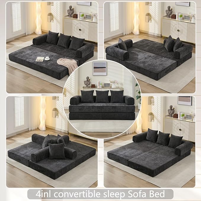 79 Inch 4-in-1 Convertible Sofa Bed Boneless Couches Chenille Folding Sleeper with Pull Out Bed Floor Futon Modular Lounge Loveseat compressed sofa No Assembly Required for Living Room (Black)