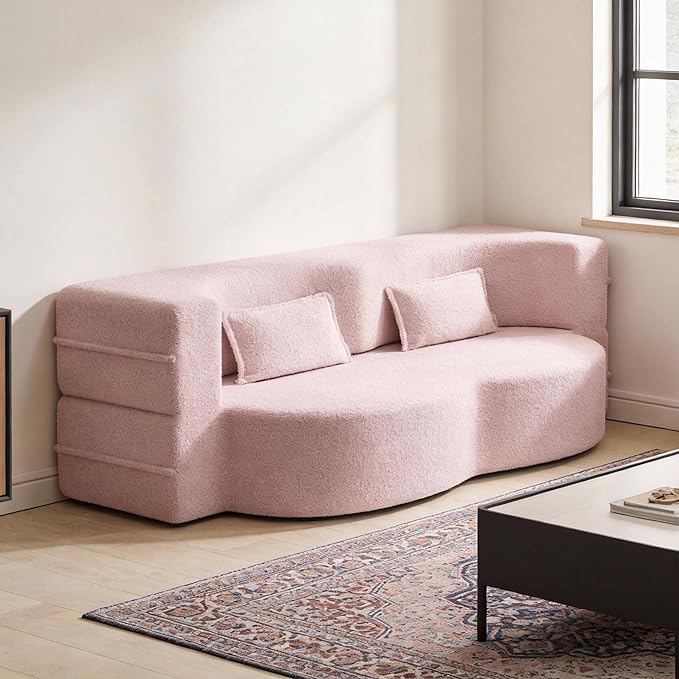 2 in 1 Convertible Compressed Sofa Bed 54'' Modern Boneless Loveseat Sleeper in a Box Floor Mattress Futon Couch No Assembly Needed Space Saving Light Pink 2 Pillows Full for Small Apartment