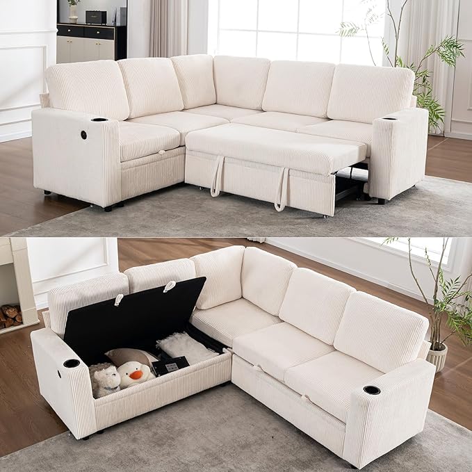 83 Modular Sectional Sleeper Sofa with Pull Out Bed Plush Corduroy L-Shaped Corner Couch with Storage USB Charger Cup Holders 5-Seater Sectional Couches for Living RoomApartment White