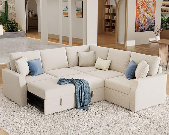 Jocisland Sofa Bed 85 Inch Sleeper Sofa with Pull Out Bed &amp Storage Seat Reversible L Shape Sectional Couch for Living Room Apartment Beige Linen Oversized Sofa