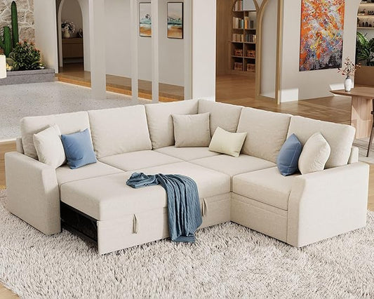 Jocisland Sofa Bed 85 Inch Sleeper Sofa with Pull Out Bed &amp Storage Seat Reversible L Shape Sectional Couch for Living Room Apartment Beige Linen Oversized Sofa