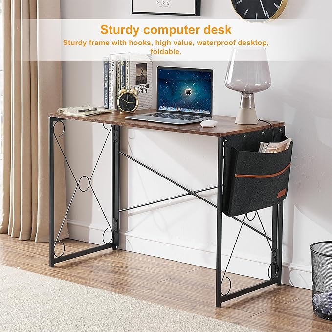 VECELO 39 Inch Folding Desk Simple Assembly Desk Writing Computer Desk for Home Office Study Office Desk Foldable Table for Small Spaces Brown
