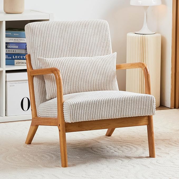 Mid Century Modern Accent Chair Upholstered Corduroy Armchair with Lumbar Pillow Solid Rubberwood Frame for Living Room Bedroom Waiting Room Beige