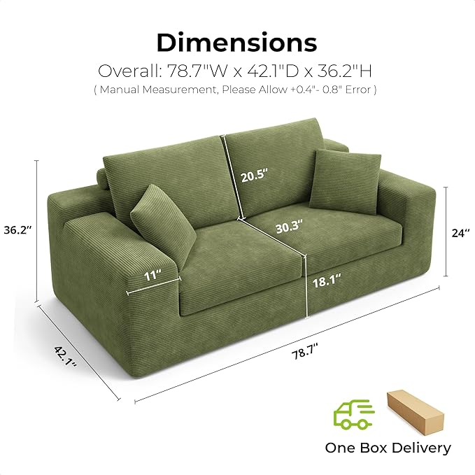 LIKIMIO 78 Loveseat Sofa in a Box Cloud Boneless Couch for Living Room with Comfy Deep Seat No Assembly Required Modern Upholstered Corduroy Sofa Apartment Home Office Green