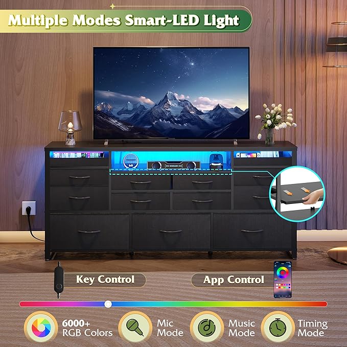 WLIVE Black TV Stand for 55 60 65 inch TV Entertainment Center with LED Lights &amp Charging Station TV Media Console Table with 13 Fabric Drawers and Open Shelves for Living Room Hallway Wood