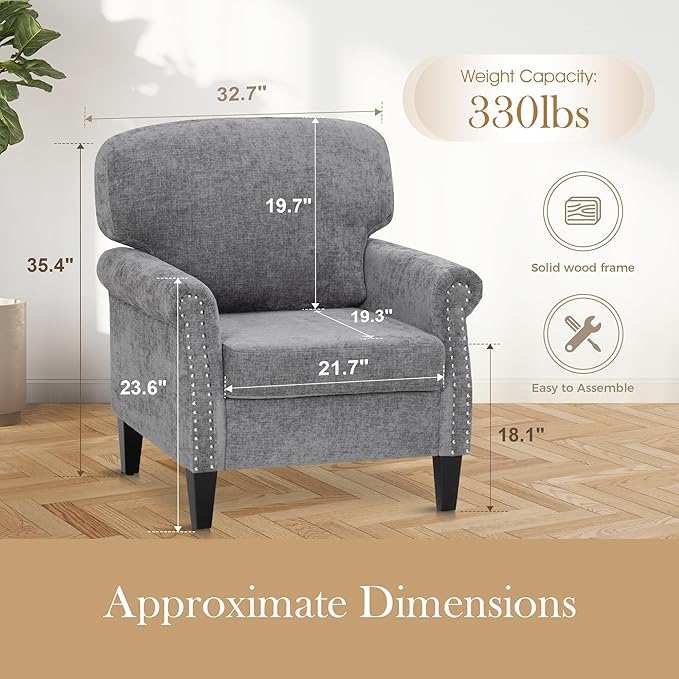 Sophia &amp William Modern Living Room Chair Upholstered Accent Chair with Wood Legs Comfy Linen Fabric ArmchairGrey1PC