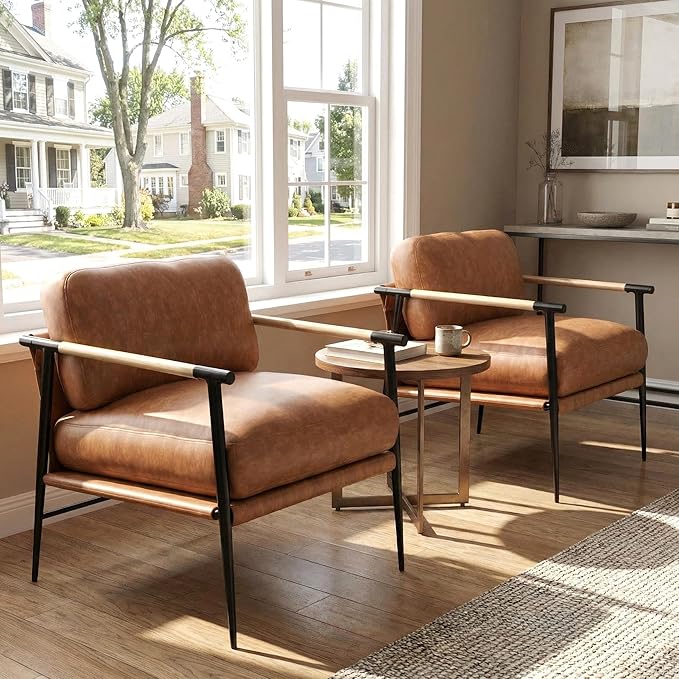 DUOMAY Mid-Century Modern Accent Chair Set of 2 Armchair Brown PU Leather Sofa Lounge Bedroom Chair with Metal Leg for Living Room Reading Office