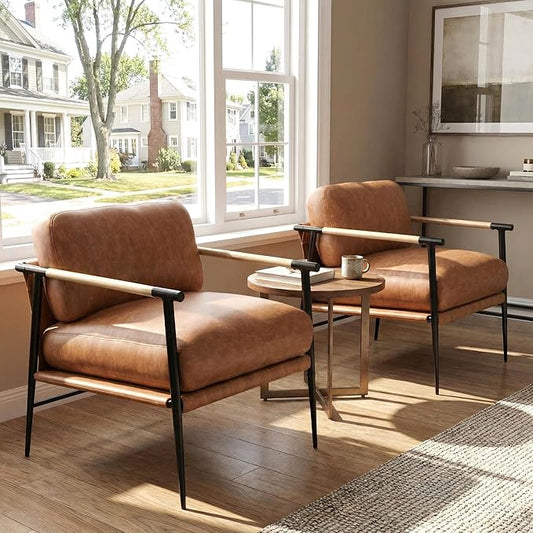 DUOMAY Mid-Century Modern Accent Chair Set of 2 Armchair Brown PU Leather Sofa Lounge Bedroom Chair with Metal Leg for Living Room Reading Office