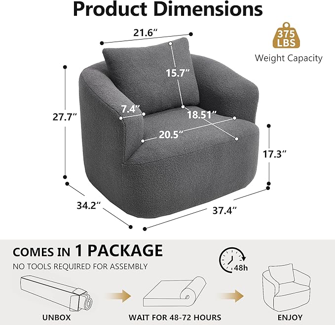 360° Rotating Round Plush Chair with Removable Pillow - High-Resilience Foam &amp Spring Support No-Assembly Teddy Velvet Armless Sofa for Living Room/Bedroom (Dark Grey)