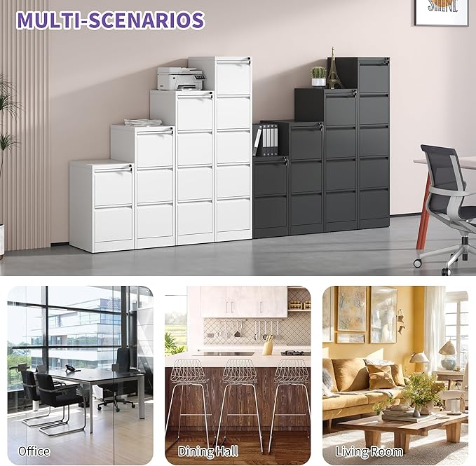 4 Drawer Small Metal Vertical File Cabinet with LockUnder Desk Storage OrganizerFiling Cabinets for HomeOffice Locking Drawers for A4 Legal/Letter SizeWhite