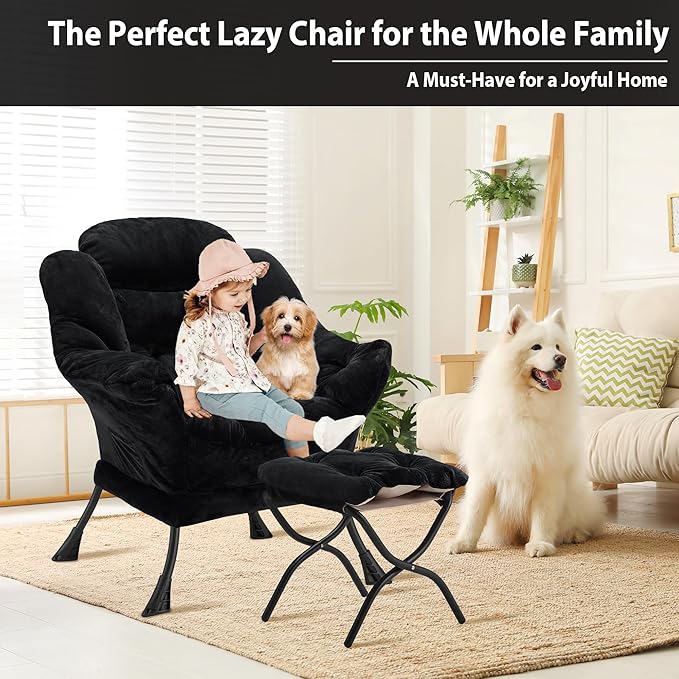 Lazy Chair with Folding Ottoman Accent Chair Plush Upholstered with Metal Structure and Non-Slip Pads Sofa Armchair with Footrest and Side Storage Bag for Dorm Room Office Black