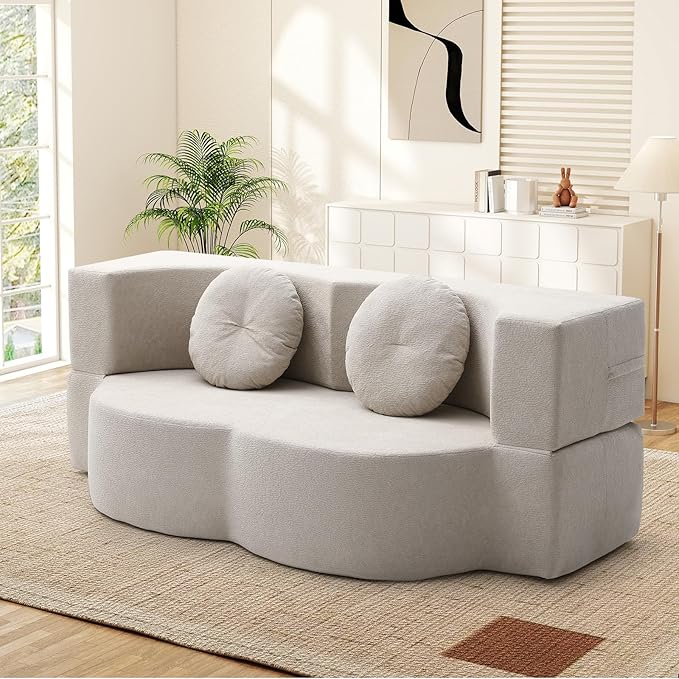 Folding Futon Sofa Bed Modern Convertible Fold Out Chenille Cloud Memory Foam Boneless Floor Lounge Loveseat Sleeper Mattress Sofa Couch with 2 Pillows for Guest Room Living Room Office Beige