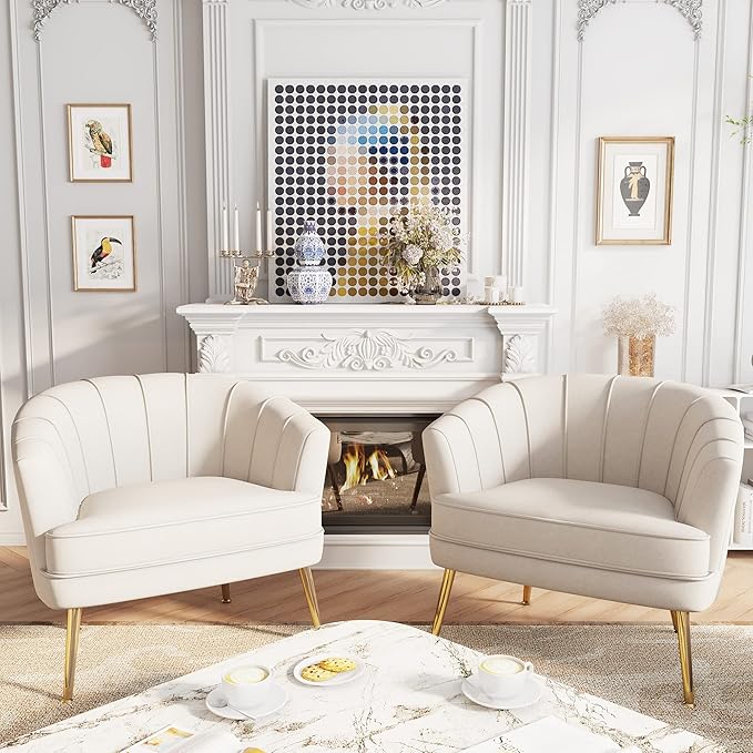 Velvet Accent Chairs for Living Room Bedroom Office Leisure Upholstered Single Sofa Chair Arm Chair Comfy Chair Reading Club Coffee Chair with Metal Legs Beige