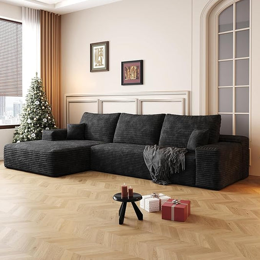 Ball &amp Cast 107 Cloud Sectional Couch with L-Shape ChaisePlush Corduroy Boneless Modular Sofa with Deep SeatUpholstered Couches for Living Room BedroomNo Assembly RequiredBlack(Left Facing)