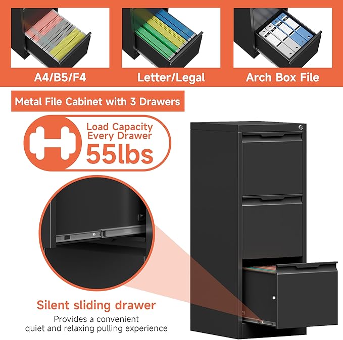3 Drawer File CabinetFiling Cabinets for Home Office Metal Vertical File Storage with Lock Locking for A4 Legal/Letter Assembly Required(Black)