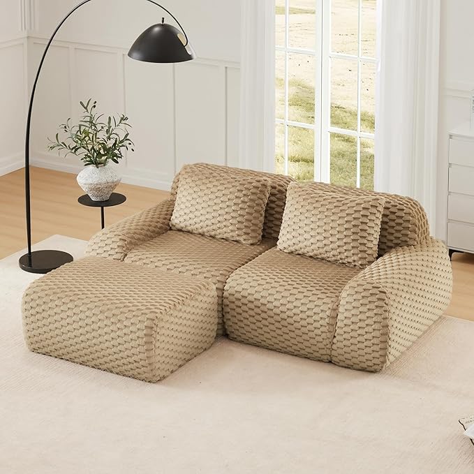 82 Modular Sectional Sofa Couch Flannelette Upholstery Boneless Couch Loveseat with Ottoman Modern L Shaped Sectional Couches for Living Room Apartment &amp Movie Room No Assembly Camel
