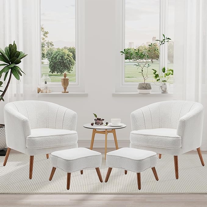 Accent Chairs with Ottoman for Living Room Bedroom Office Sherpa Upholstered Single Sofa Chair Arm Chair Comfy Chair Reading Club Coffee Chair with Metal Legs White