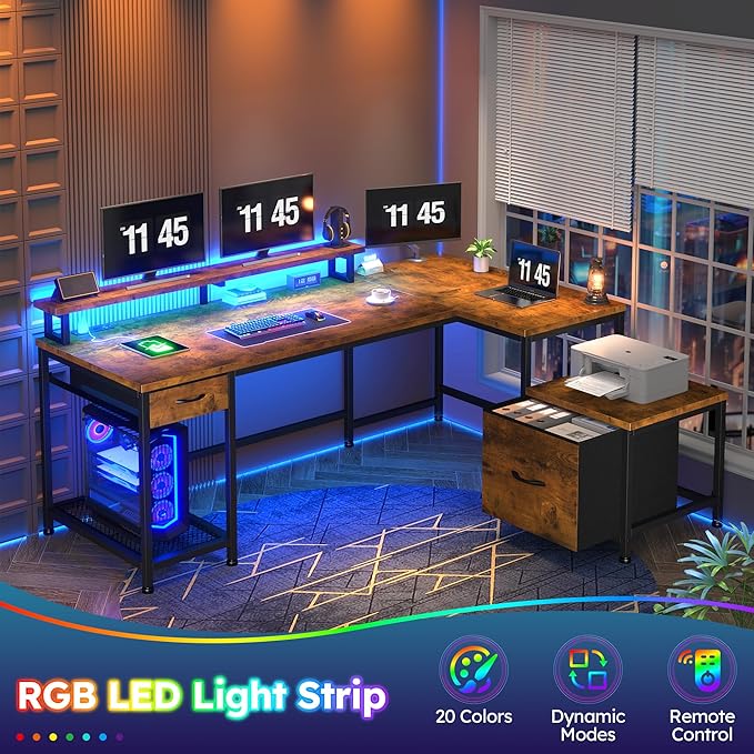 96.5''Office Desk with LED Lights L Shaped Gaming Desks with Power Outlets Two Person Computer Desk with Drawers &amp Monitor Shelf for Home Office Study Room and Bedroom Rustic Brown