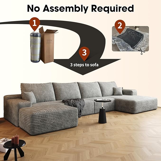 135 Boneless Cloud Modular Sectional Sofa 1 Ottoman – U-Shape Corduroy CouchSpacious Deep Seating No Assembly Ideal for Family Living RoomsGrey